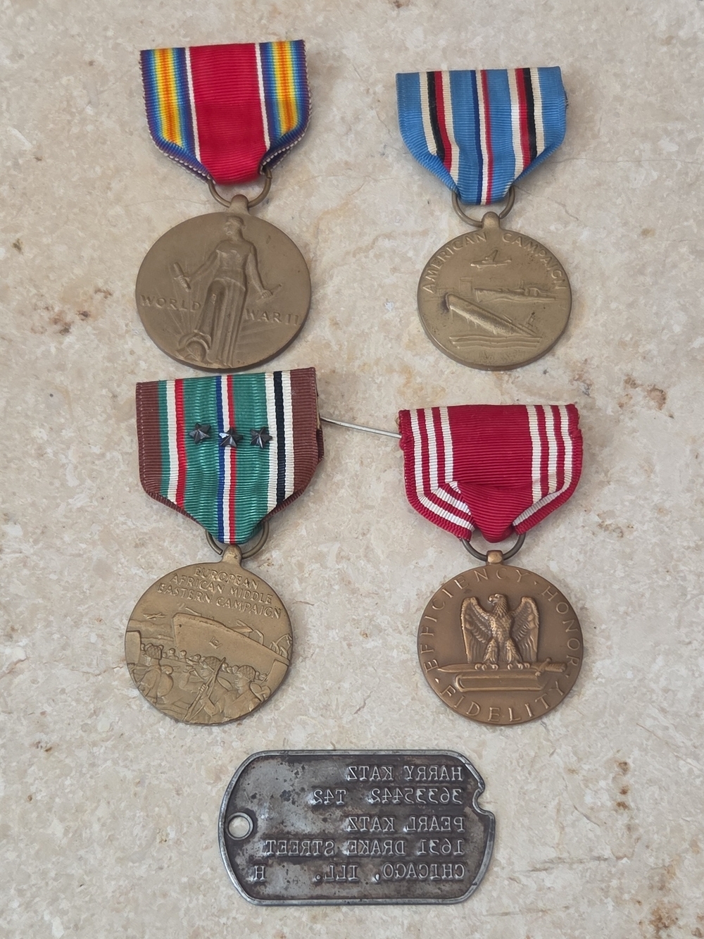 WWII Named Medal Grouping w/ Dog Tag – EAME Campaign w/ 2 Stars Full Set US Army
